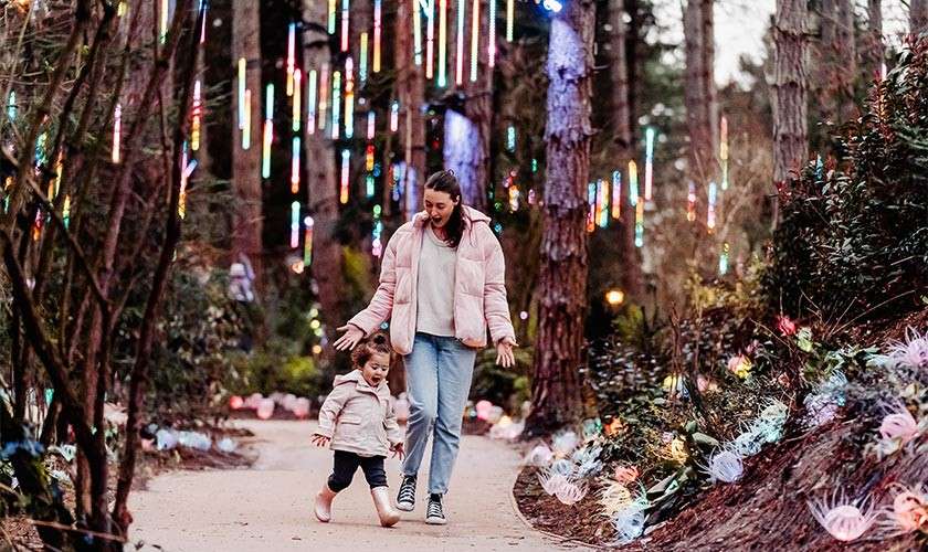Mother and daughter walking through the Enchanted Light Garden.
