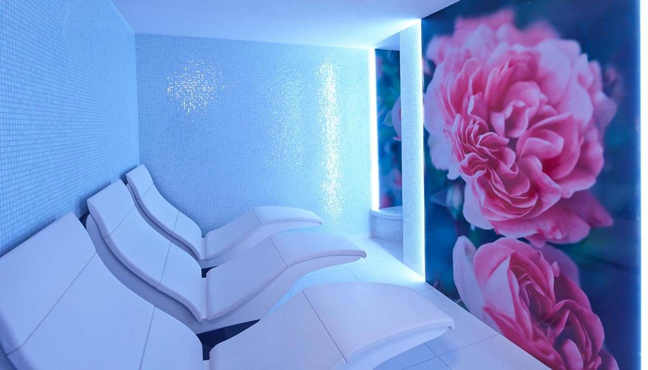 Blossom Heat Room with padded reclined loungers and large pink flowers on the wall.
